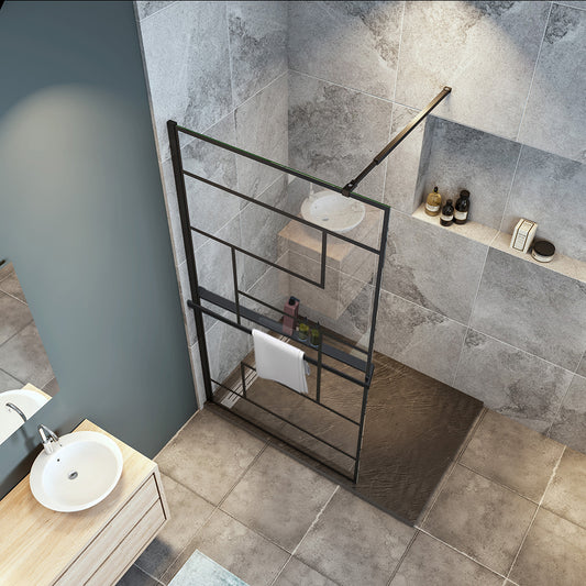 Océan paroi de douche noire 80-140x200cm sérigraphie noire en verre anticalcaire livré avec porte-serviette et tablette et barre extensible 73-120cm