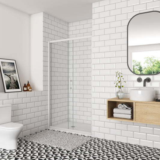 Porte de douche coulissante 100-140cm Océan porte de douche Hauteur 190cm, verre de sécurité, profil et poignée blanc