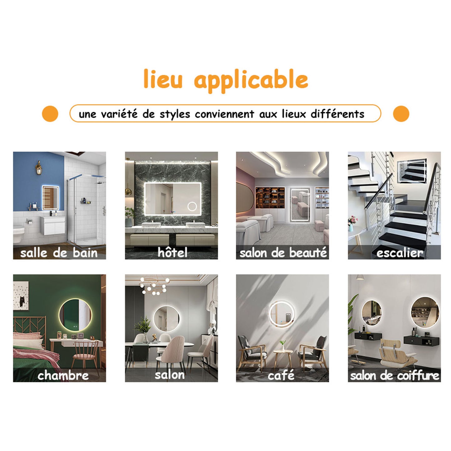 LED Miroir rond de salle de bain anti-buée tactile + lumière blanche froide 90/100/120cm