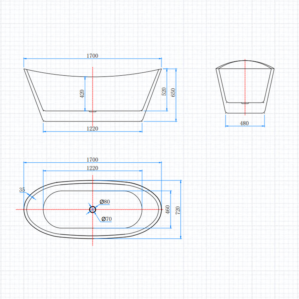 Ocean Baignoire îlot ovale luxueuse 170x72cm : Blanc brillant, acrylique easyclean et système anti-débordement