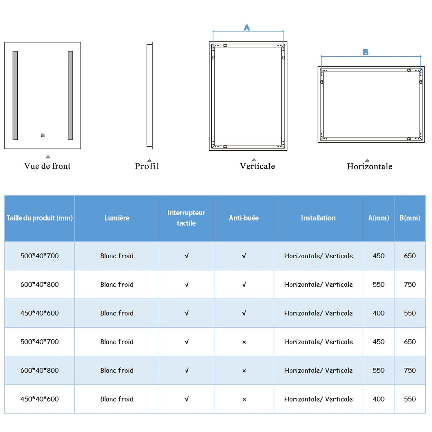Ocean Miroir de salle de bain, commutateur tactile, avec fonction LED et anti-buée