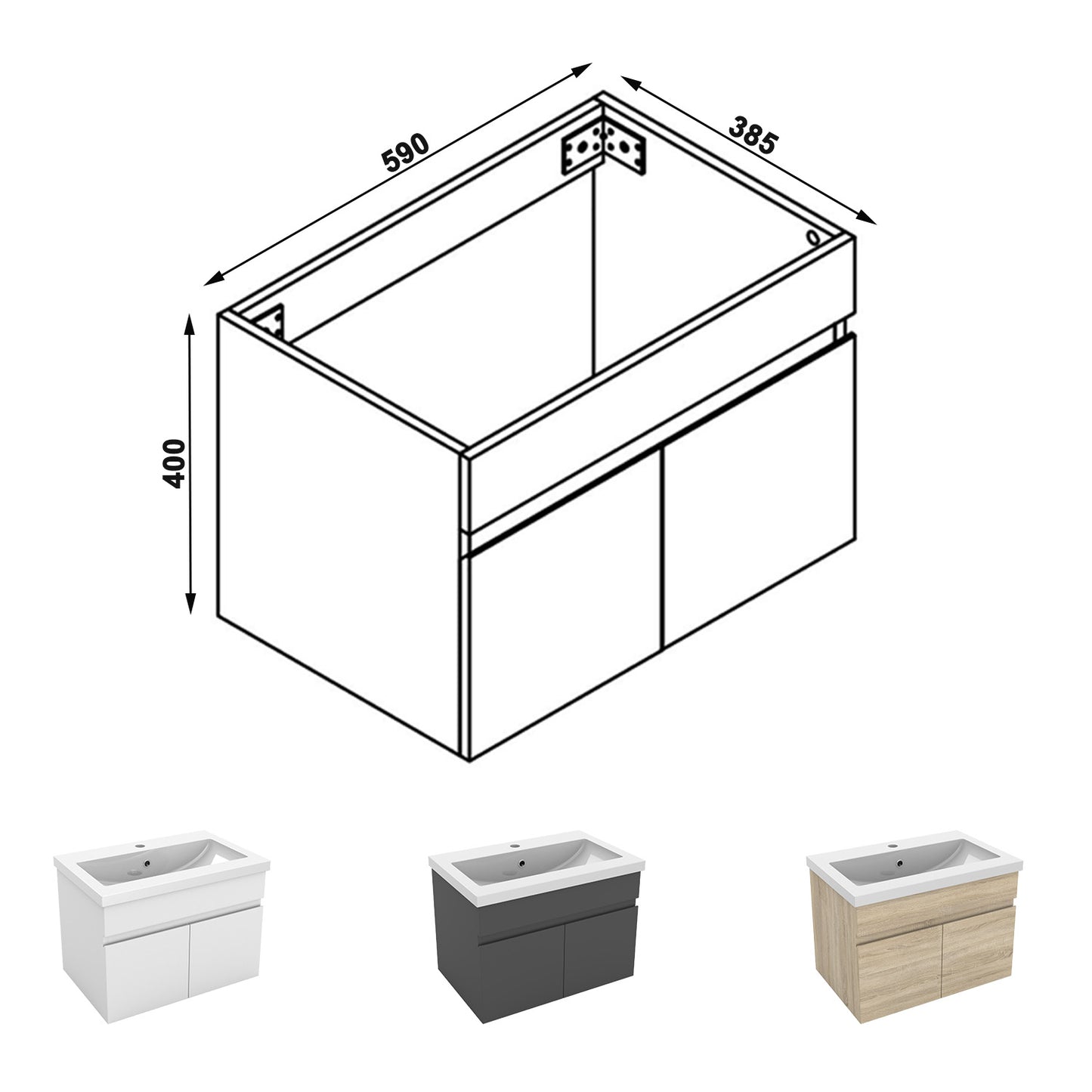 Meuble de salle de bain couleur chêne suspendu avec deux portes et vasque en céramique