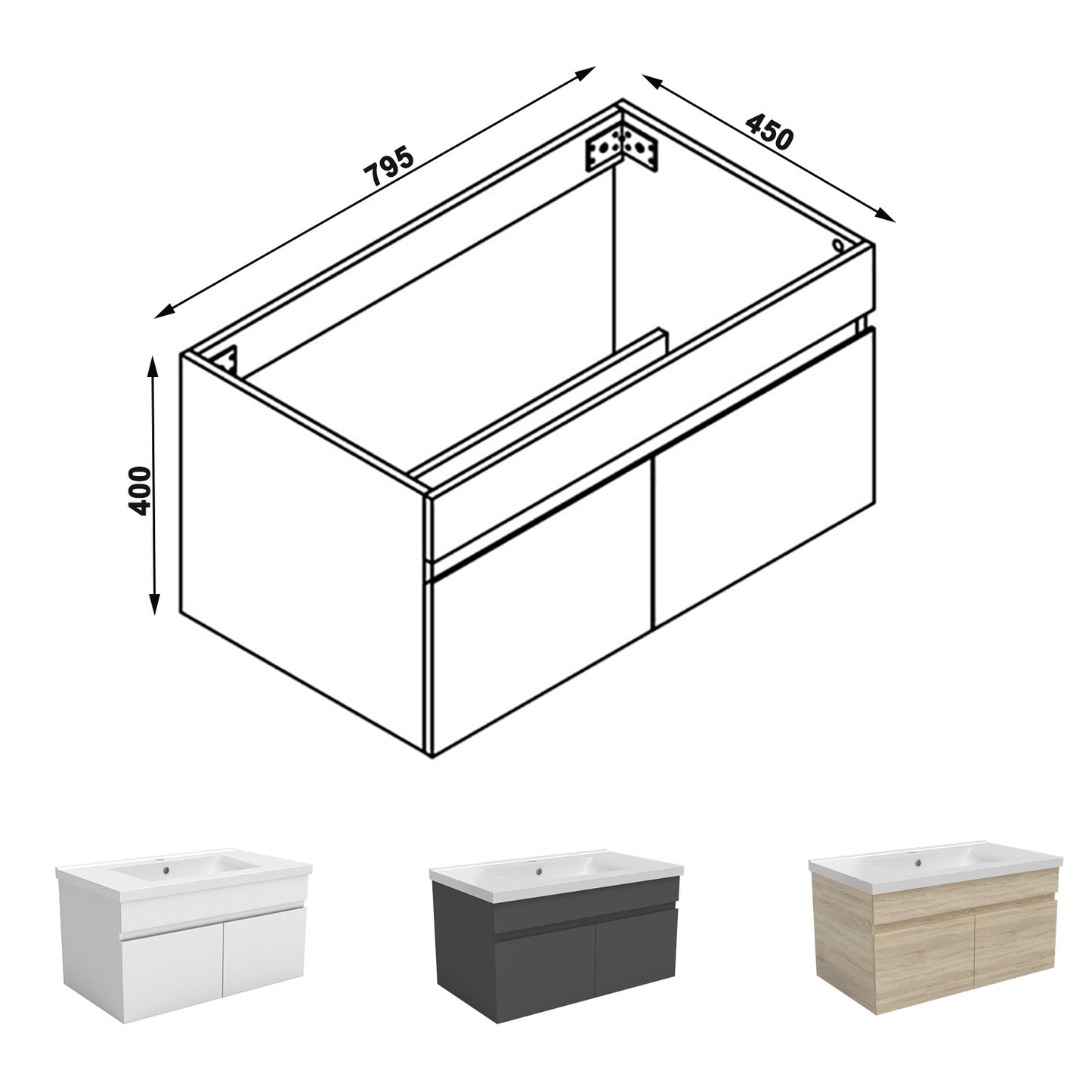 Meuble vasque suspendu avec deux portes, vasque en céramique , Meuble couleur blanc/ anthracite / couleur chêne