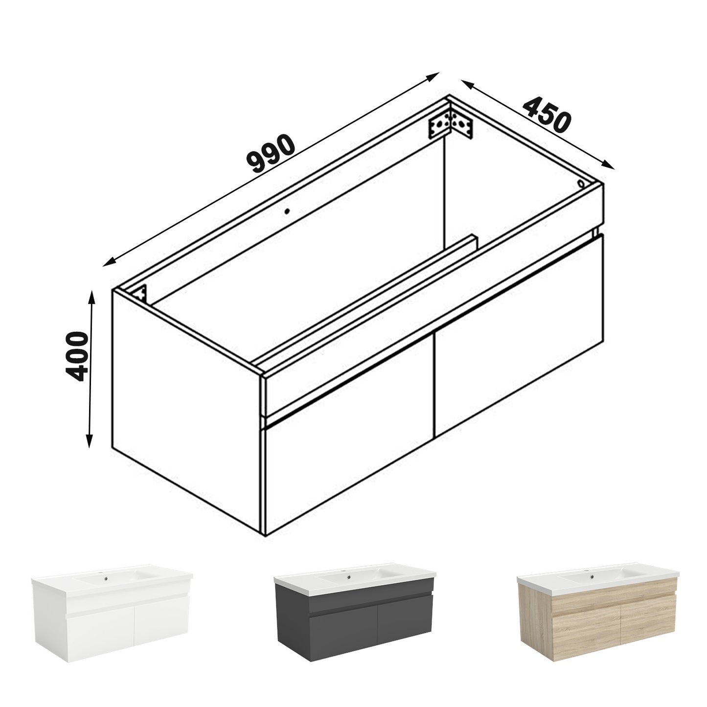 Meuble de salle de bain couleur chêne suspendu avec vasque en céramique, deux portes