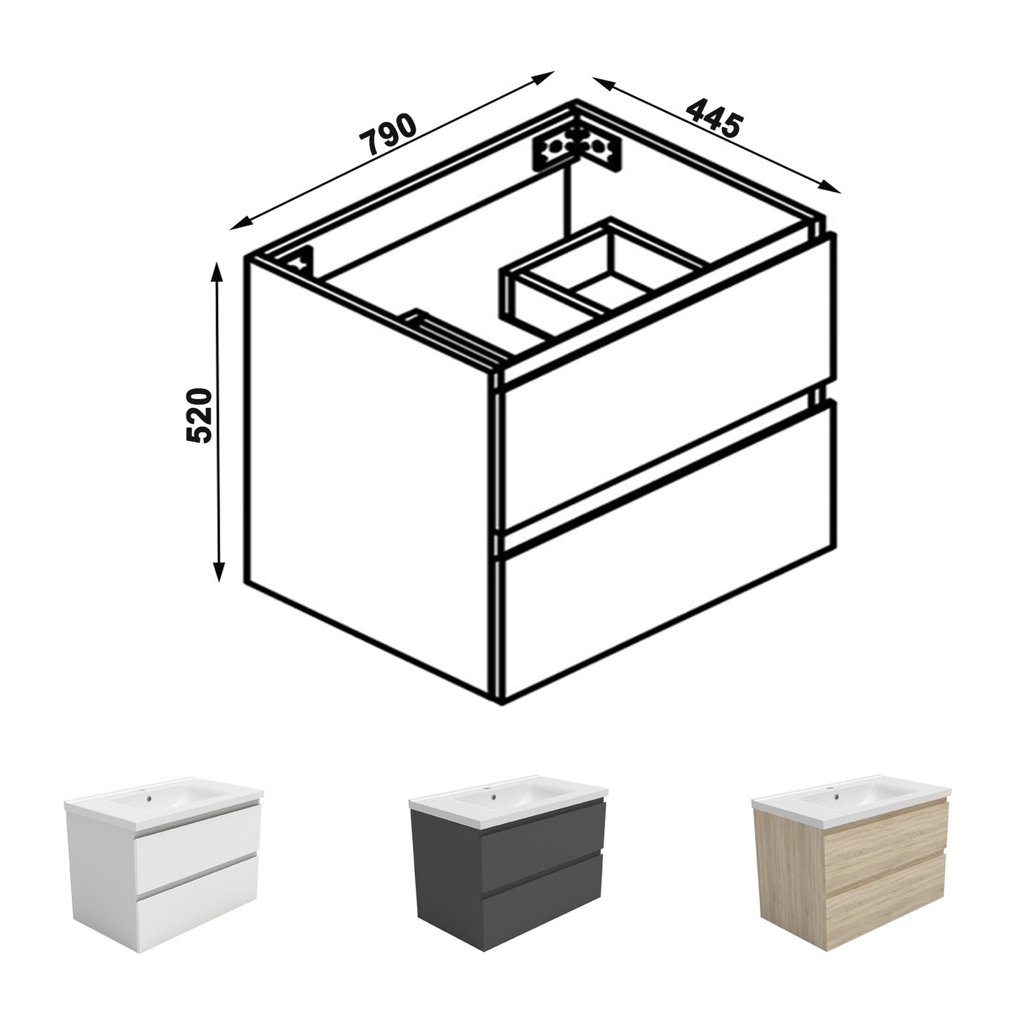 Meuble de salle de bain, Meuble blanc mat/ anthracite/bois clair avec 2 tiroirs & plan vasque en céramique