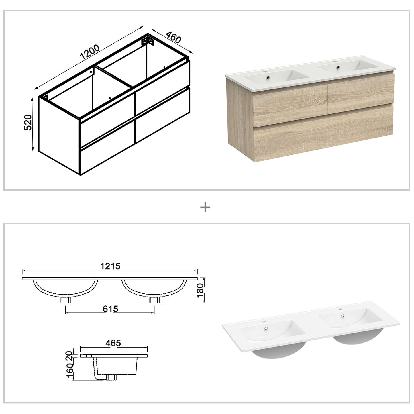 Meuble couleur blanc mat/ anthracite/ bois clair de salle de bain suspend avec 4 titoirs et double vasques (en céramique)