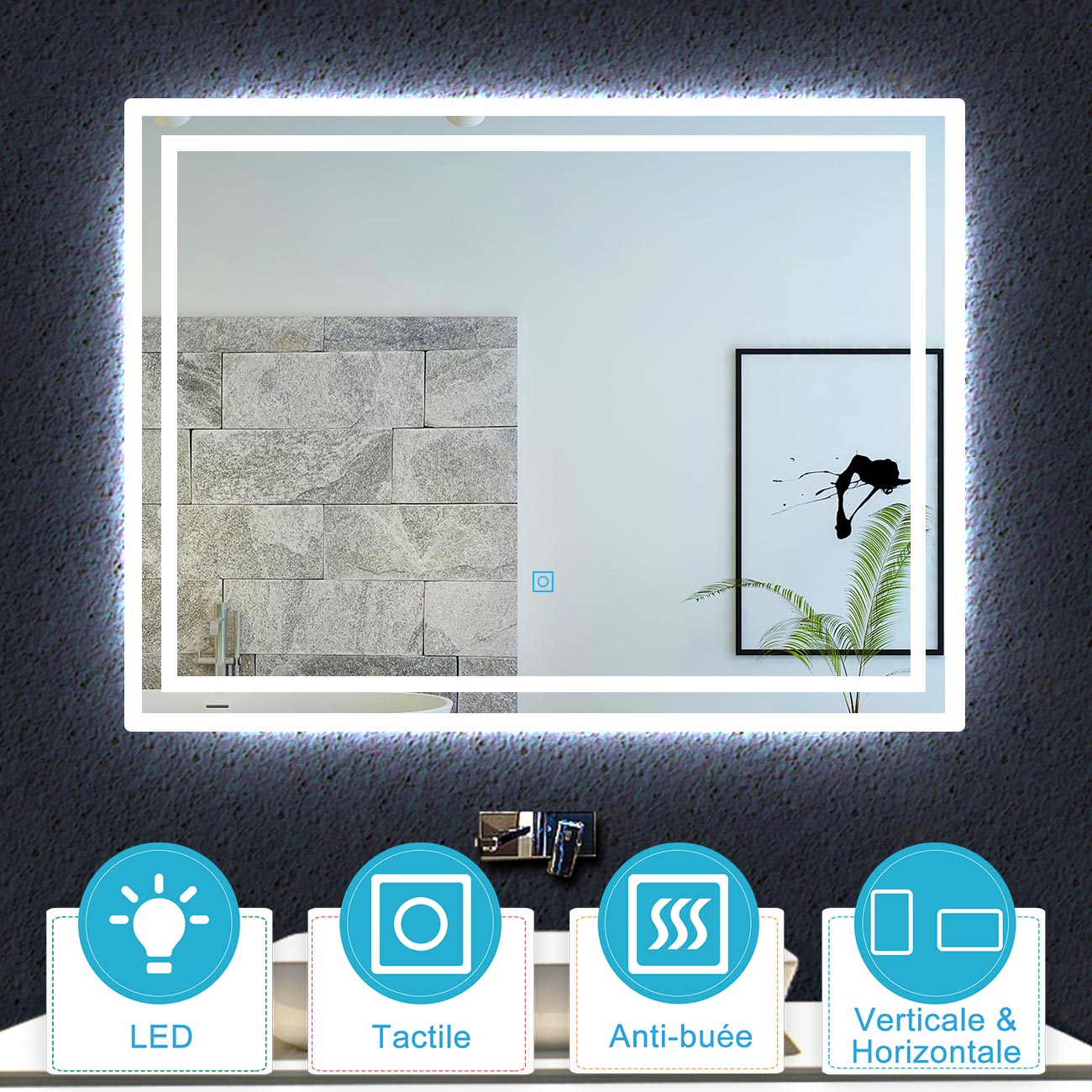 Miroir LED Salle De Bain Tactile Moderne Alasta - Montage Mural, Éclairage A++
