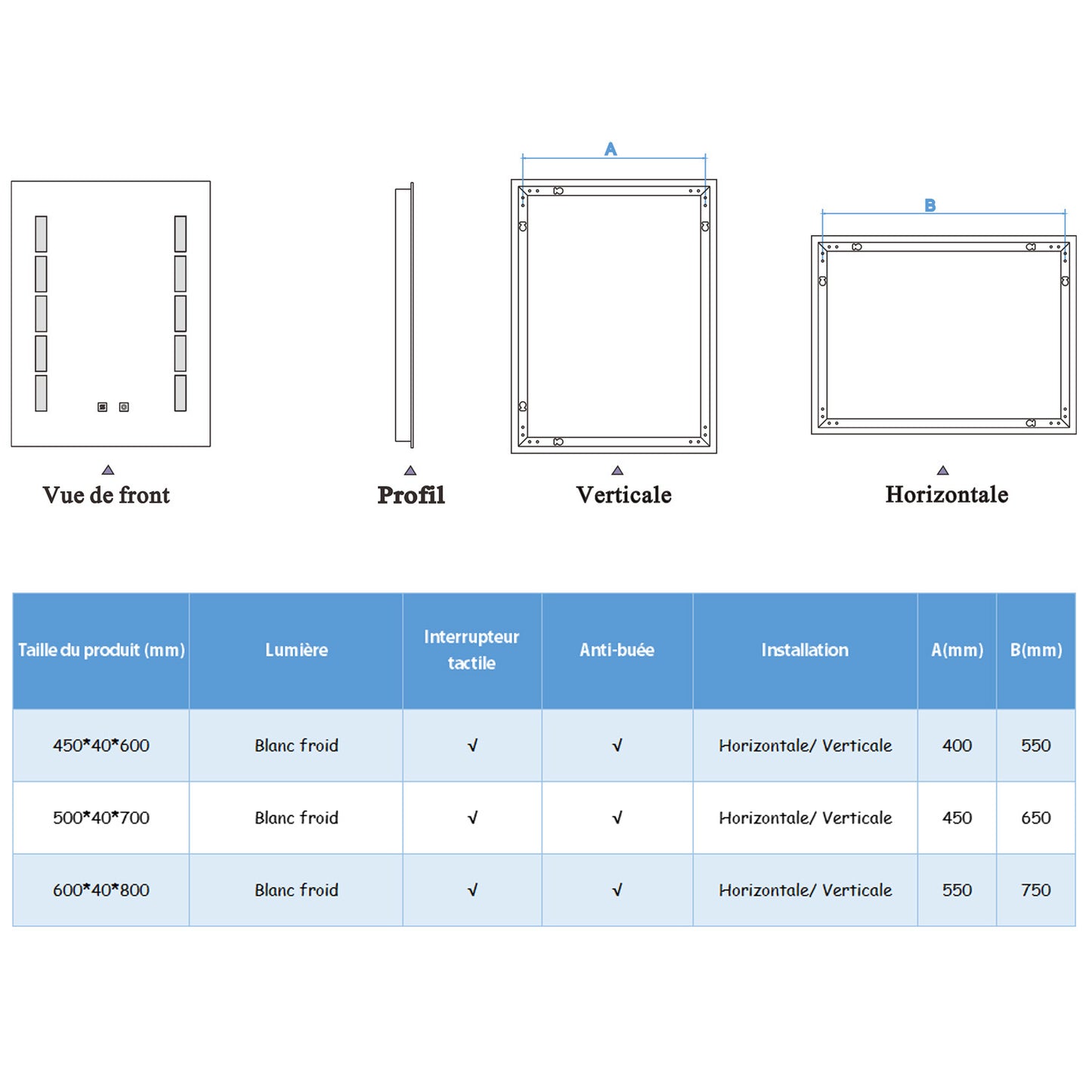Miroir de salle de bain à 2 touches tactiles, avec fonction LED et anti-buée