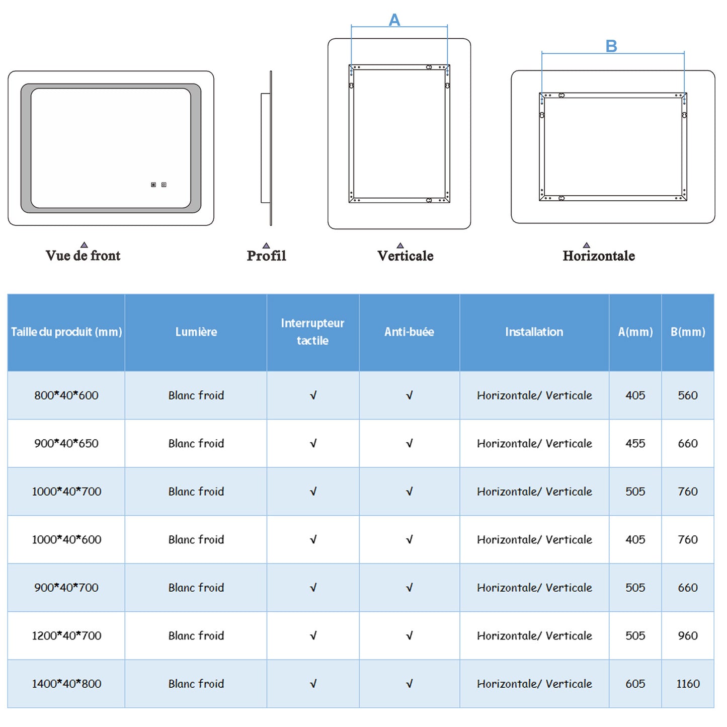 Miroir de salle de bain à 2 touches tactiles, avec fonction LED et anti-buée, modèle Standard