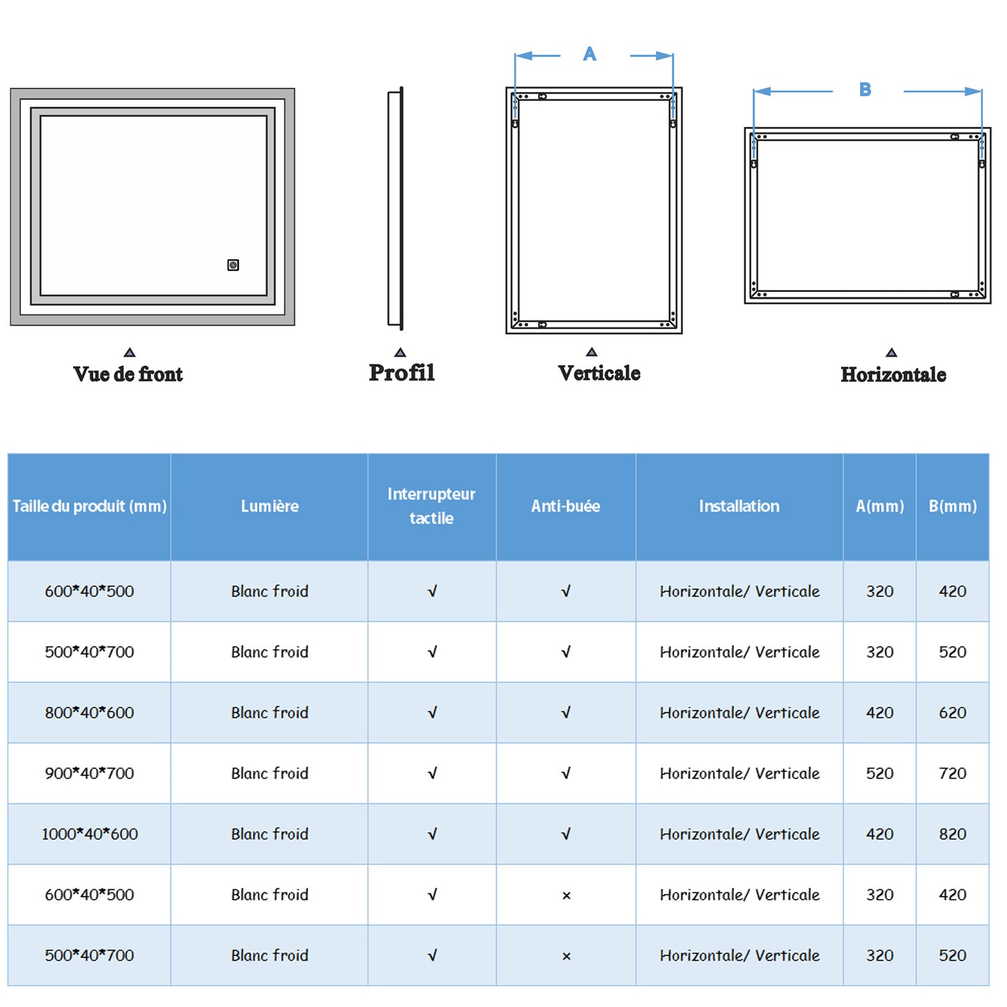 Miroir de salle de bain, commutateur tactile, avec fonction LED et anti-buée, Modèle double