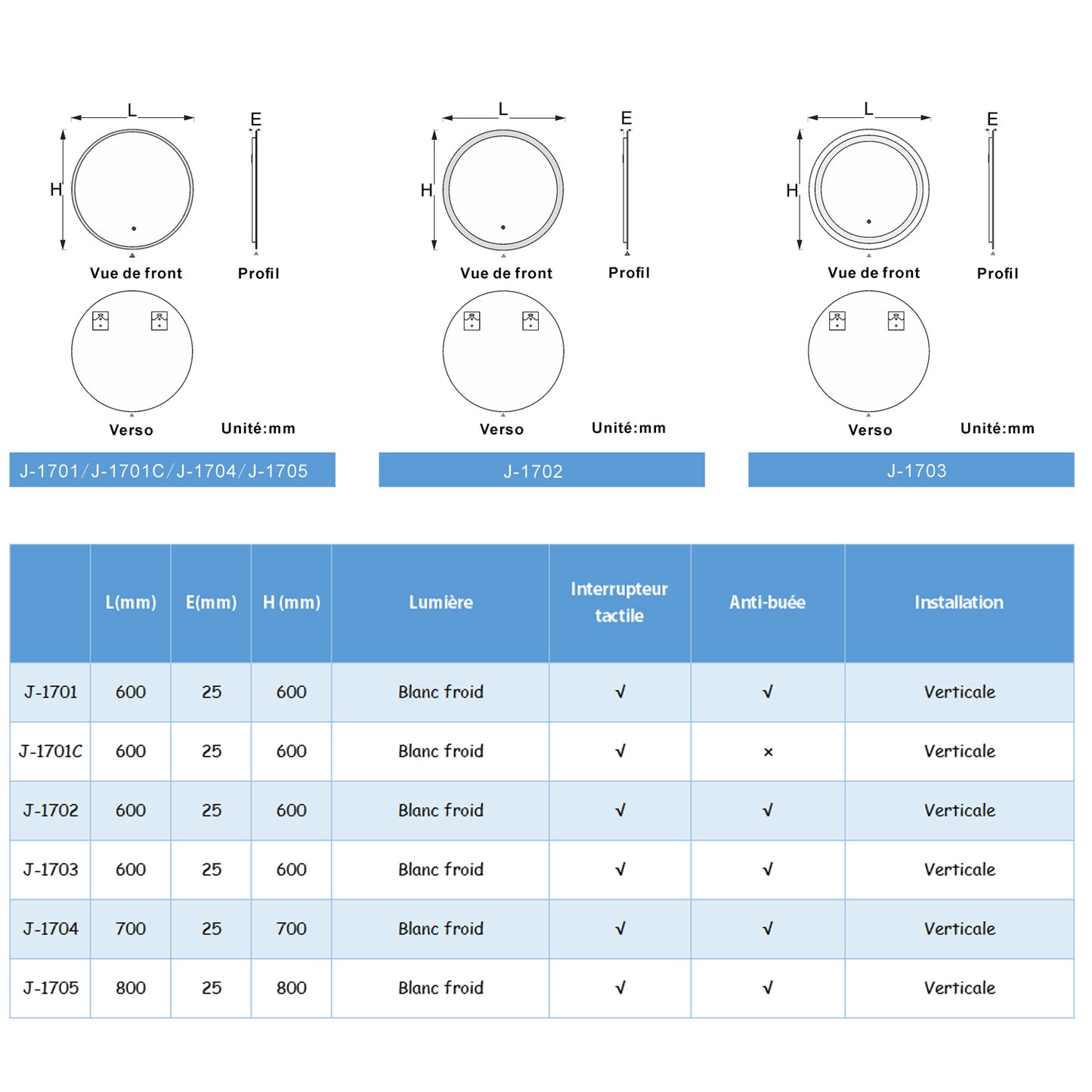 Miroir de salle de bain, commutateur tactile, avec fonction LED et anti-buée // Rond