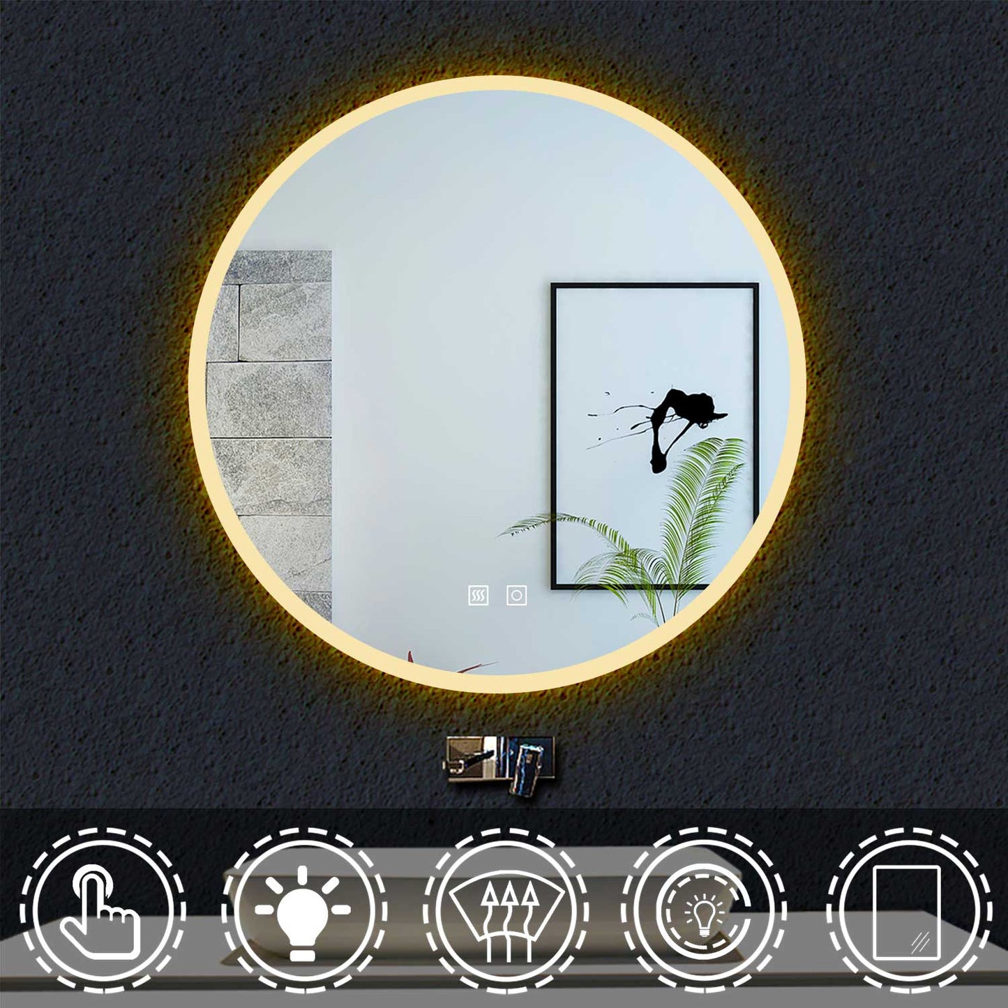 Ocean sanitaire Miroir de Salle de Bain avec Anti-buée + LED 2700K-6500K avec lumière et luminosité réglables Rond Ø60cm double interrupteur tactile