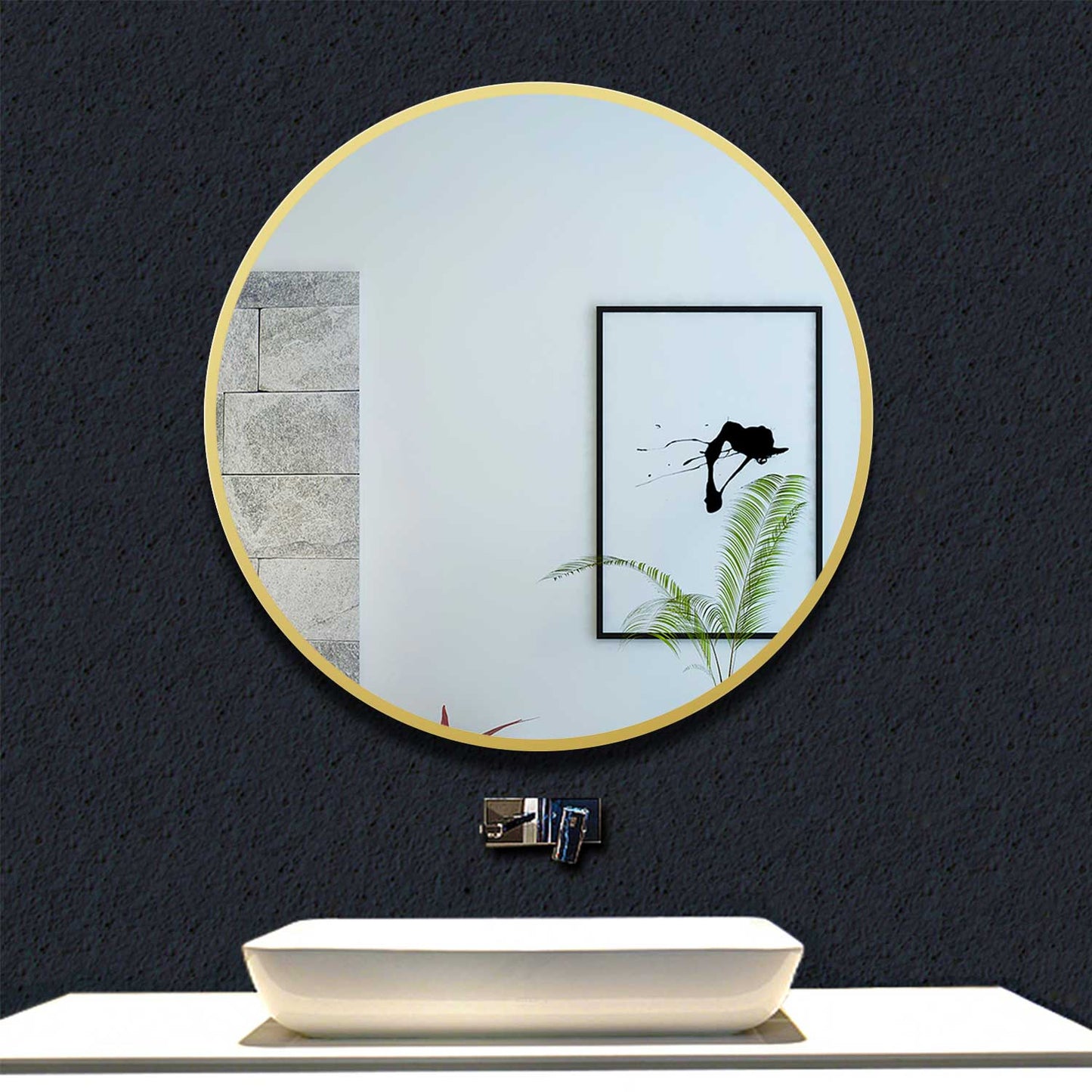 Miroir à cadre mat rond/rectangulaire en aluminium noir/or, 50/60/70/80cm