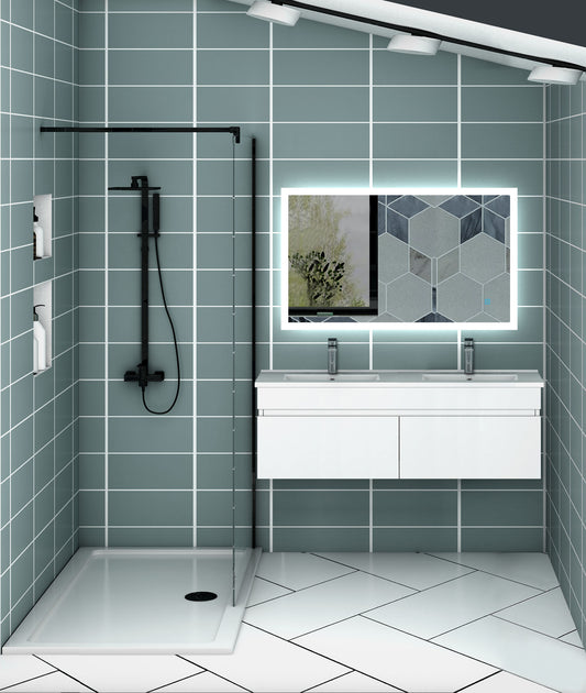 Meuble de salle de bain suspendu deux portes x double vasques, vasque en céramique.