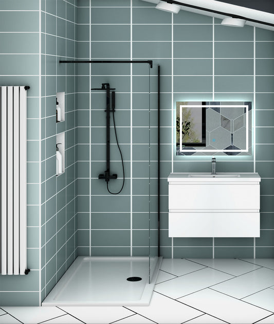 Meuble de salle de bain, Meuble blanc mat/ anthracite/bois clair avec 2 tiroirs & plan vasque en céramique