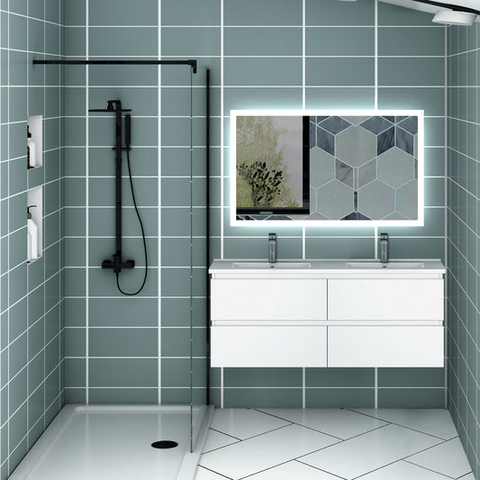 Meuble couleur blanc mat/ anthracite/ bois clair de salle de bain suspend avec 4 titoirs et double vasques (en céramique)