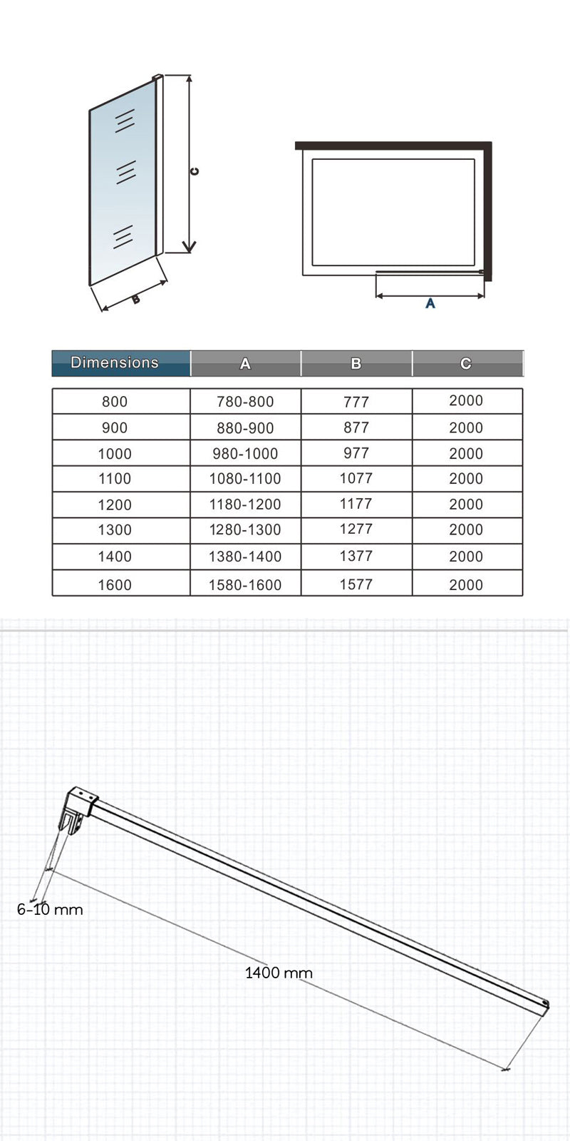 Océan Paroi de douche 80-160x200cm en 10mm verre anticalcaire paroi de douche à l'italienne avec une barre de stabilisation 140cm
