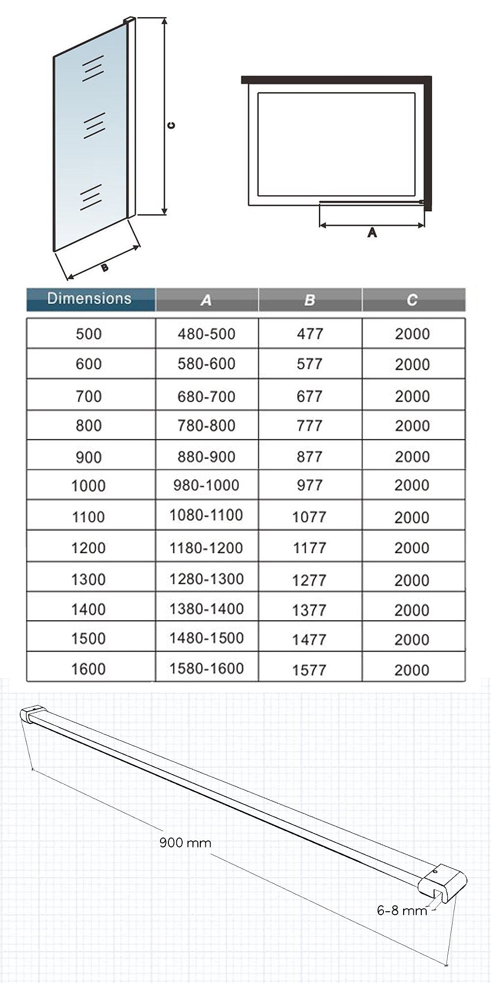 Paroi de douche Chromé / Noire en 8mm verre avec vitrification nano(anticalcaire) livrée avec une barre standard 90cm