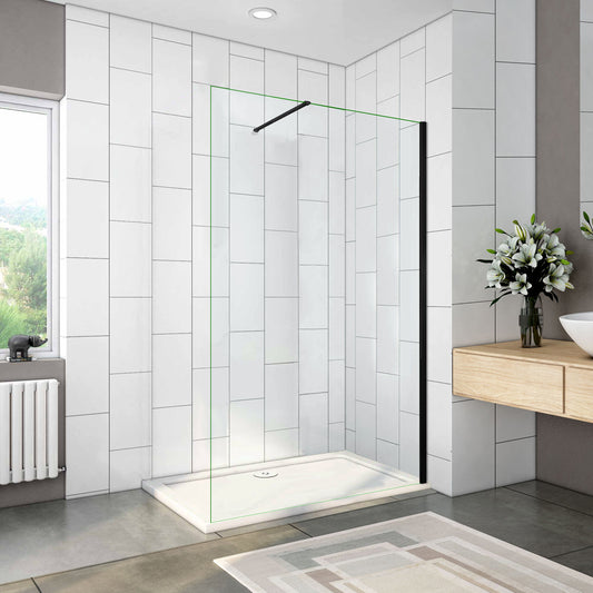 Paroi de douche Chromé / Noire en 8mm verre avec vitrification nano(anticalcaire) livrée avec une barre standard 90cm