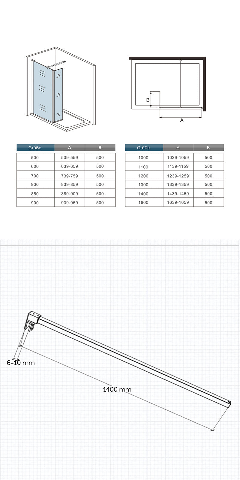 Océan paroi de douche 50-160cm + paroi latérale à l'italienne 50cm avec un retour pivotant et une barre standard 140cm