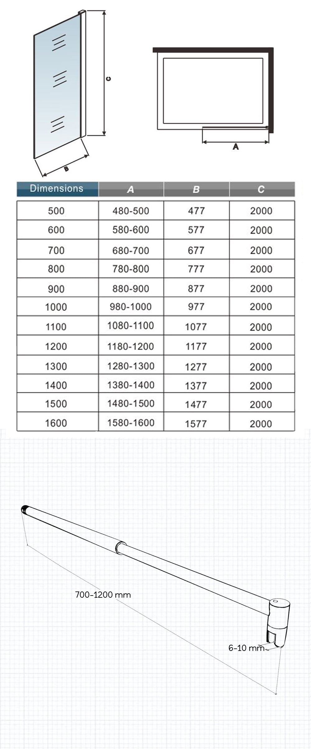 Paroi de douche Chromé / Noire en 8mm verre avec vitrification nano(anticalcaire) livrée avec une barre extensible 70-120cm
