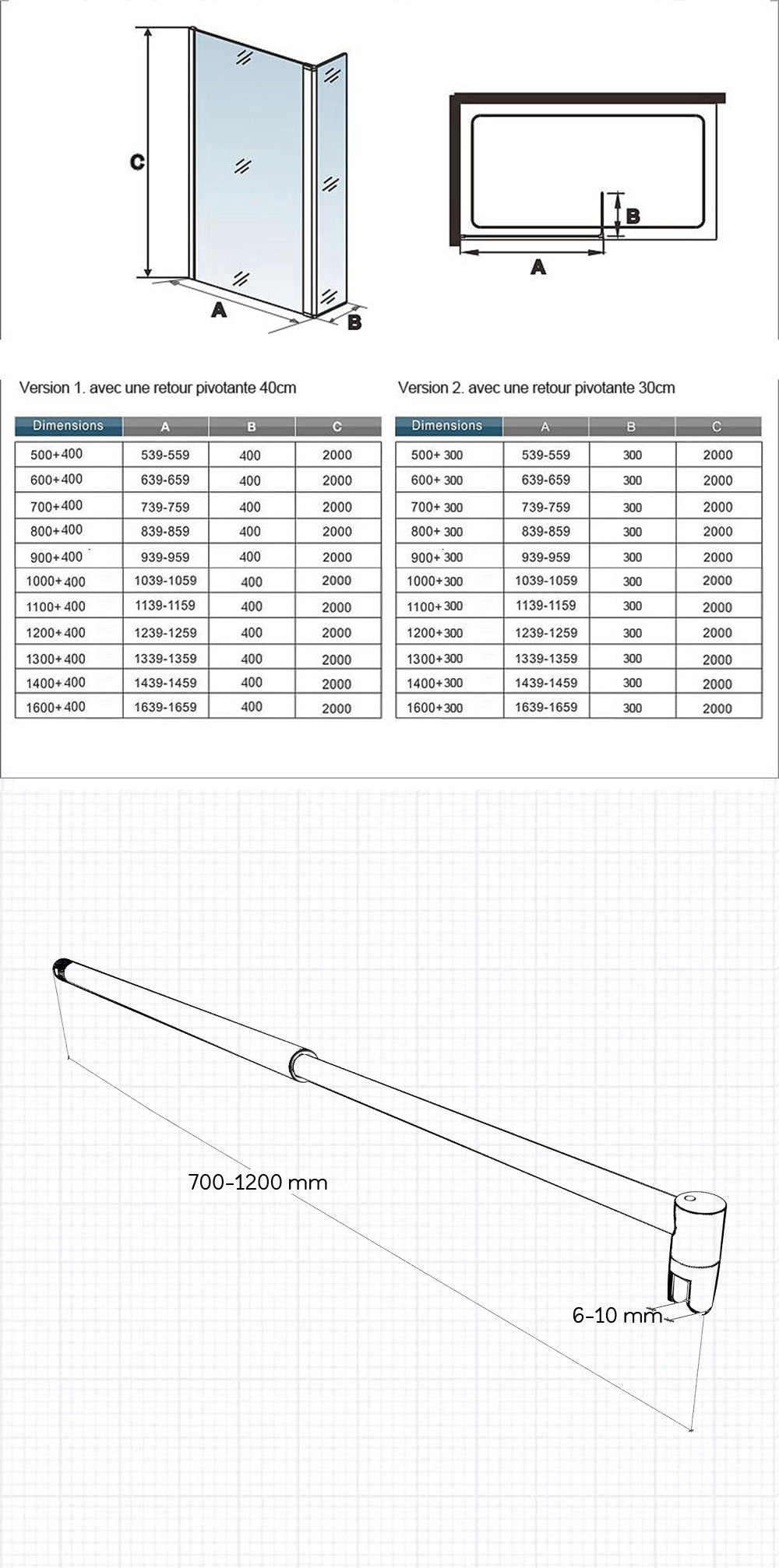 Océan Paroi de douche noire avec volet pivotant 30 / 40 cm modèle d' Itaroi avec une barre extensible 70-120cm