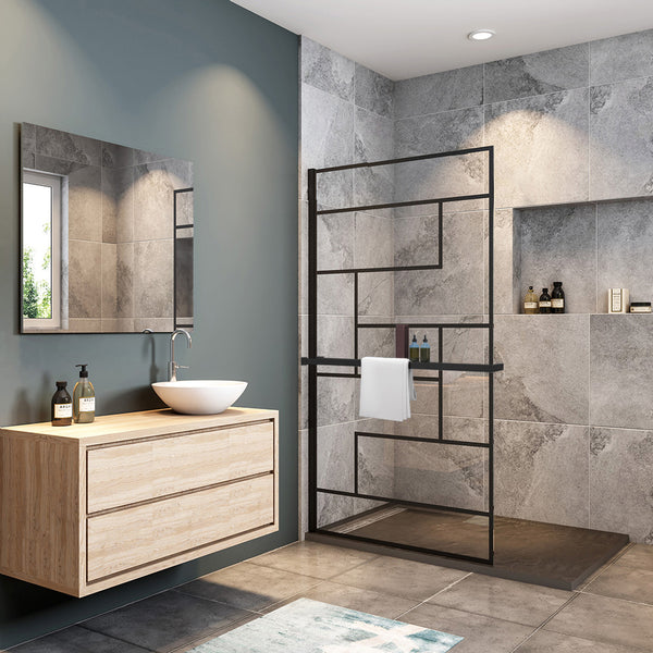Océan paroi de douche noire 80-140x200cm sérigraphie noire en verre anticalcaire livré avec porte-serviette et tablette