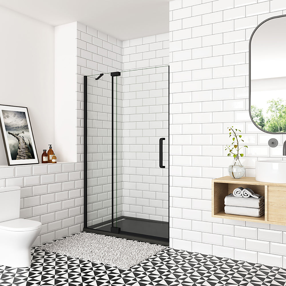 Océan Porte de douche pivotante 80-120x195cm, avec une barre fixée d'angle, porte de douche noire en verre 8mm anti-calcaire, profil et poignée noir mat