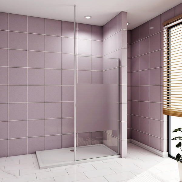 Paroi de douche Walk‑in à bande centrale sablée | Verre 8 mm anticalcaire | Barre de fixation extensible au plafond incluse