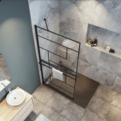 Océan paroi de douche noire 70-100x200cm sérigraphie noire en verre anticalcaire livrée  avec porte-serviette et tablette et une barre standard 45cm