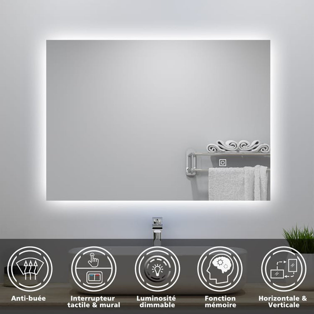 Miroir lumineux 70x50cm avec Anti-buée + Dimmable, Mural Miroir salle de bain