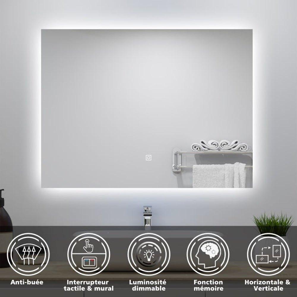 Miroir lumineux 80x60cm avec Anti-buée + Dimmable, Mural Miroir salle de bain