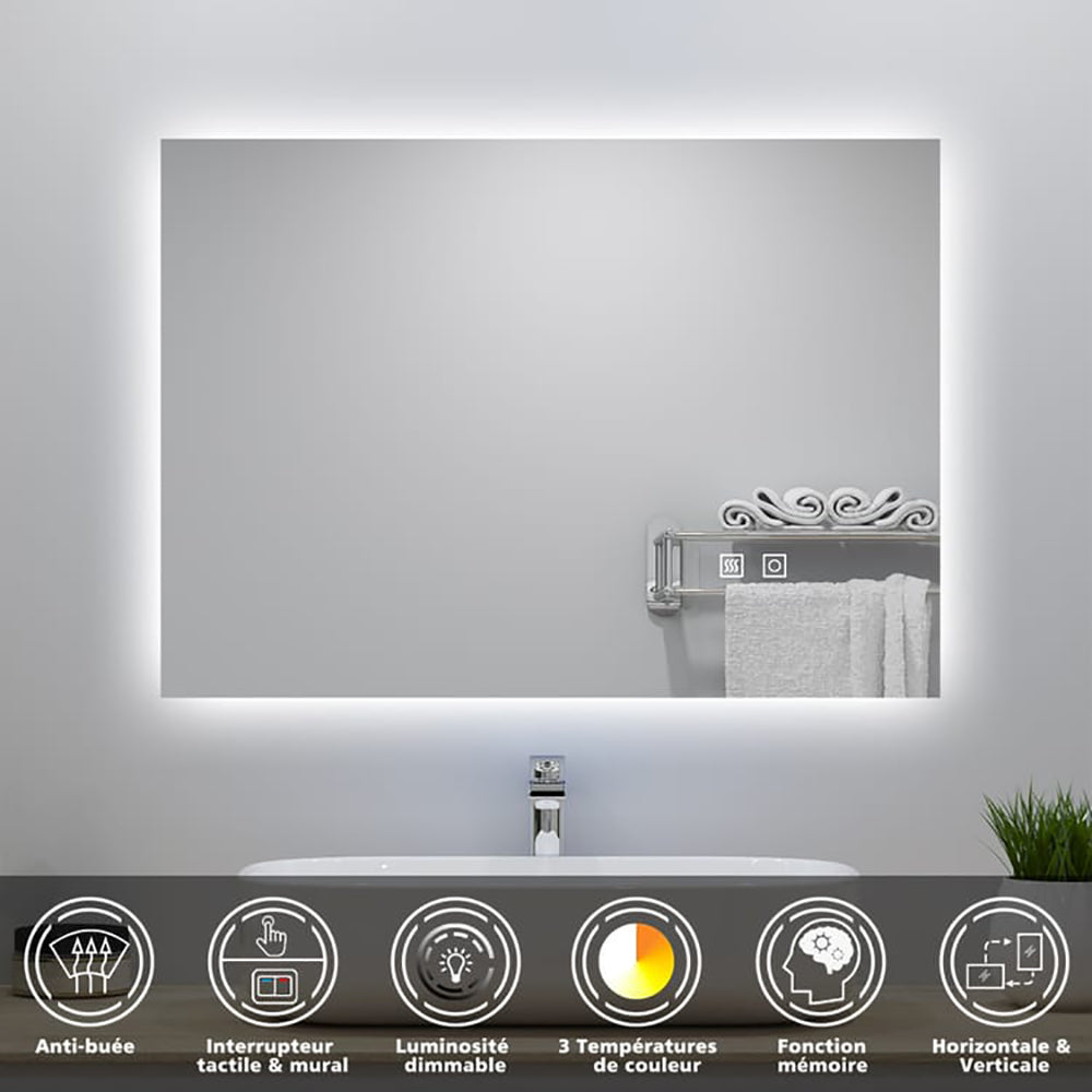 Miroir lumineux avec Anti-buée + 3 Couleurs + Dimmable, Mural Miroir salle de bain