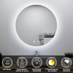 Miroir lumineux rond 70-100cm avec Anti-buée + 3 Couleurs + Dimmable, Mural Miroir salle de bain