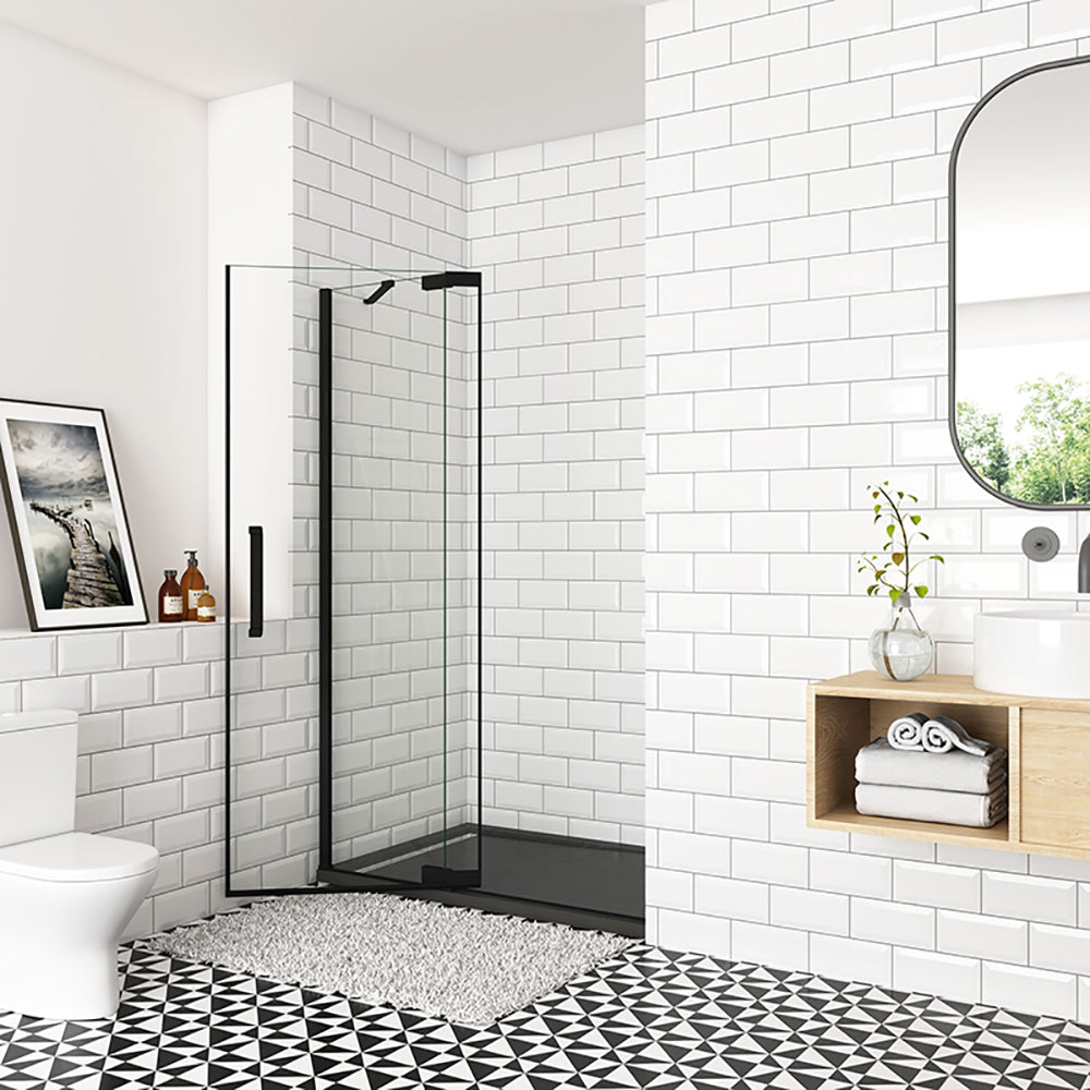 Océan Porte de douche pivotante 80-120x195cm, avec une barre fixée d'angle, porte de douche noire en verre 8mm anti-calcaire, profil et poignée noir mat