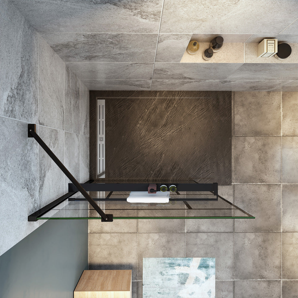 Océan paroi de douche noire 70-100x200cm sérigraphie noire en verre anticalcaire livrée  avec porte-serviette et tablette et une barre standard 45cm