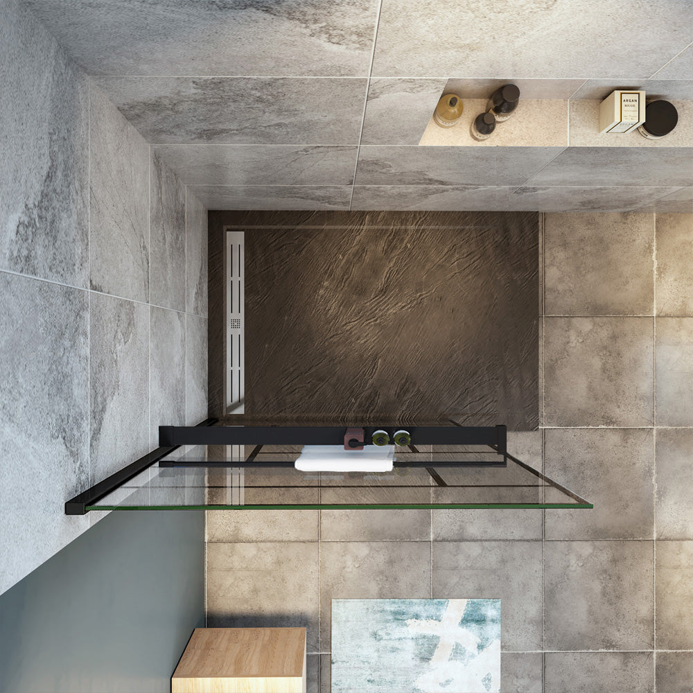 Océan paroi de douche noire 80-140x200cm sérigraphie noire en verre anticalcaire livré avec porte-serviette et tablette