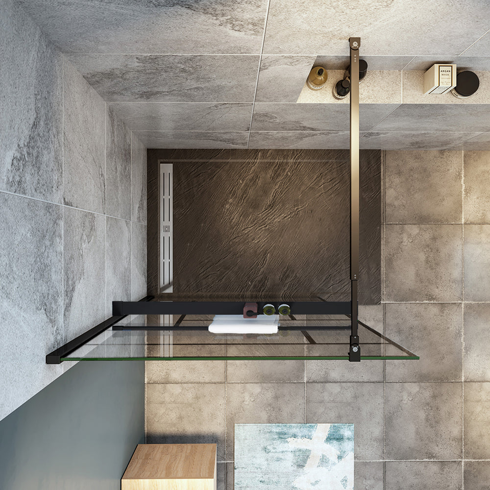 Océan paroi de douche noire 80-140x200cm sérigraphie noire en verre anticalcaire livré avec porte-serviette et tablette et barre extensible 73-120cm