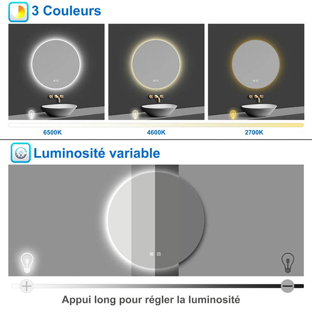 Miroir lumineux rond 70-100cm avec Anti-buée + 3 Couleurs + Dimmable, Mural Miroir salle de bain