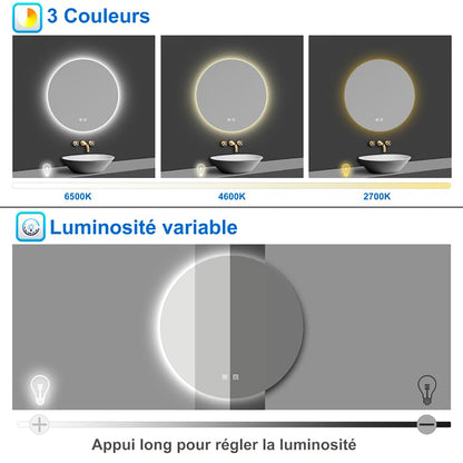 Miroir lumineux rond 70-100cm avec Anti-buée + 3 Couleurs + Dimmable, Mural Miroir salle de bain