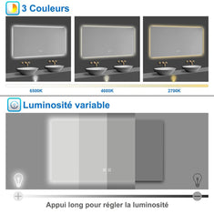 Miroir lumineux avec Anti-buée + 3 Couleurs + Dimmable, Mural Miroir salle de bain