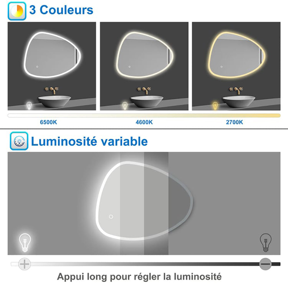 Miroir lumineux Asymétrique avec 3 Couleurs + Dimmable + Anti-buée