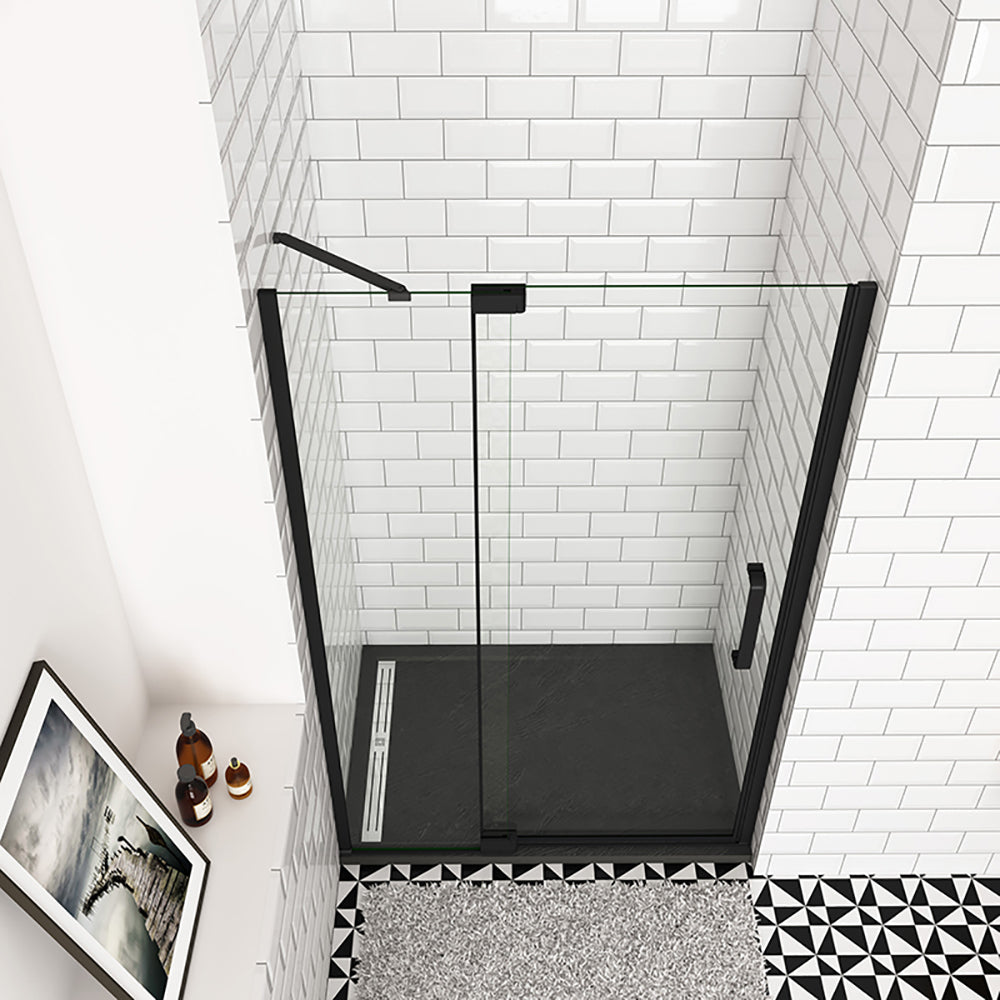 Océan Porte de douche pivotante 80-120x195cm, avec une barre fixée d'angle, porte de douche noire en verre 8mm anti-calcaire, profil et poignée noir mat