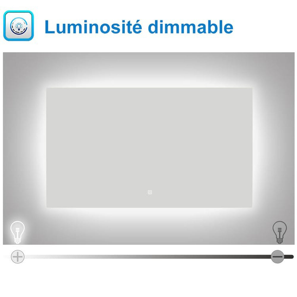 Miroir lumineux 100x60cm avec Anti-buée + Dimmable, Mural Miroir salle de bain