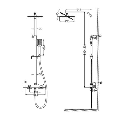colonne de douche thermostatique carrée 20*20cm, corps en laiton, hauteur réglable, noir-2