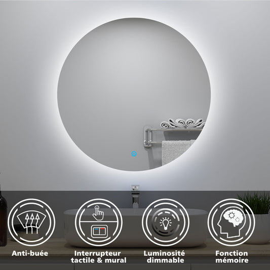 Miroir lumineux rond avec Anti-buée et Dimmable, Mural Miroir salle de bain