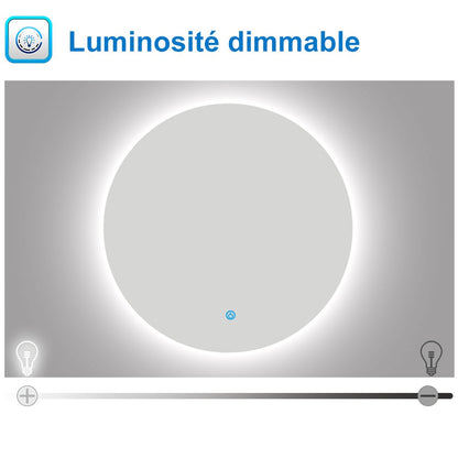 Miroir lumineux rond avec Anti-buée et Dimmable, Mural Miroir salle de bain