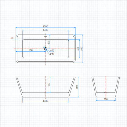 Ocean Baignoire îlot rectangulaire 170x80cm - Blanc brillant, acrylique easyclean, système de vidage pop-up