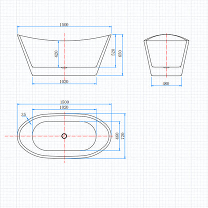 Ocean Baignoire îlot ovale luxueuse 150x72cm : Blanc brillant, acrylique easyclean et système anti-débordement