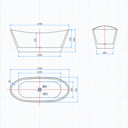 Ocean Baignoire îlot ovale luxueuse 170x72cm : Blanc brillant, acrylique easyclean et système anti-débordement